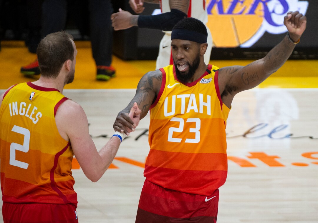 (Rick Egan  |  The Salt Lake Tribune)     Utah Jazz guard Joe Ingles (2) and Utah Jazz forward Royce O'Neale (23) celebrate at the buzzer, in the Jazz 117-114 win over the Portland Trail Blazers, in NBA action in Salt Lake City, Friday, Feb. 7, 2020.