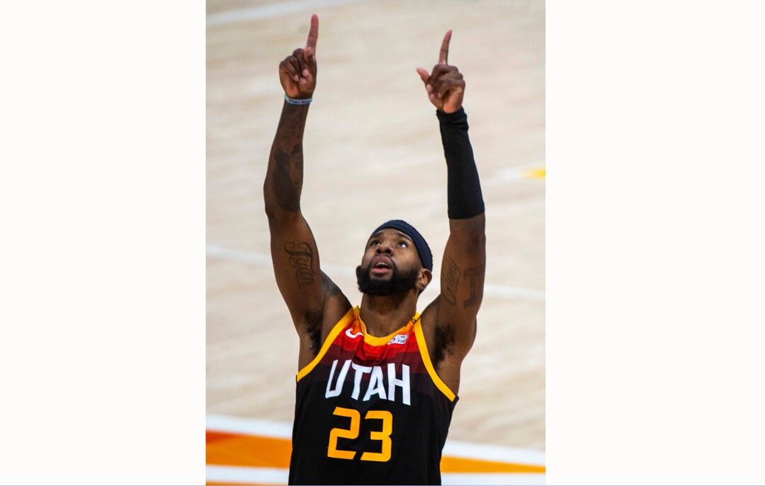 (Rick Egan | The Salt Lake Tribune) Utah forward Royce O'Neale (23) celebrates after sinking one of his 3-point shots the 4th quarter for the Jazz, in NBA action between the Utah Jazz and the Philadelphia 76ers at Vivint Arena, on Monday, Feb. 15, 2021.