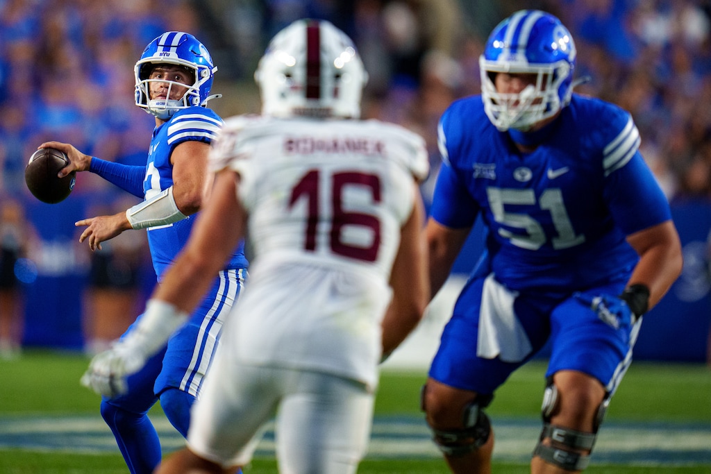 (Trent Nelson  |  The Salt Lake Tribune) Brigham Young Cougars quarterback Jake Retzlaff (12) as BYU hosts Southern Illinois, NCAA football in Provo on Saturday, Aug. 31, 2024.