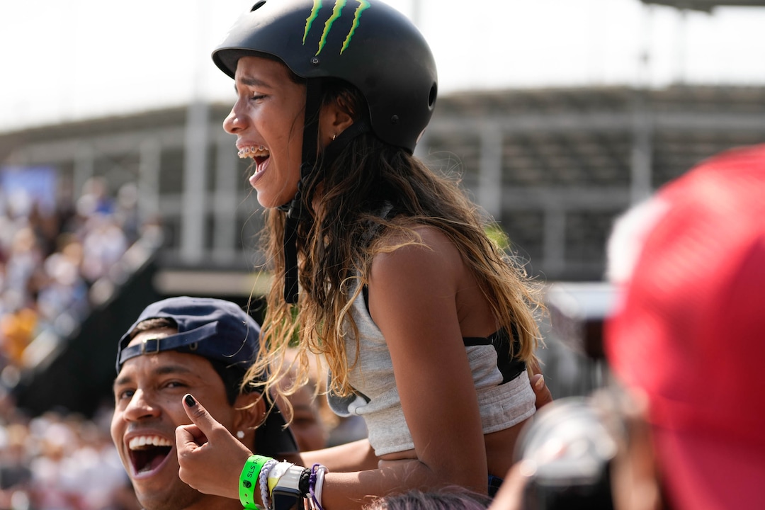 (Francisco Kjolseth | The Salt Lake Tribune) Rayssa Leal of Brazil celebrates her first place finish in the Street League Skateboarding Championship Tour at the Utah State Fairpark in Salt Lake City on Saturday, Aug. 28, 2021.
