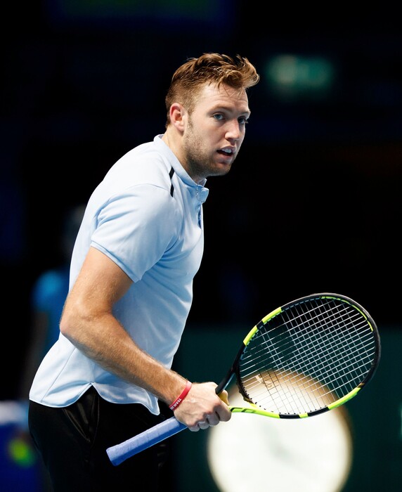 American player Jack Sock celebrates taking the second set against Croatian Marin Cilic, during day three of the ATP World Tour Finals being played at the O2 Arena in London, Tuesday Nov. 14, 2017. ( John Walton/PA via AP)