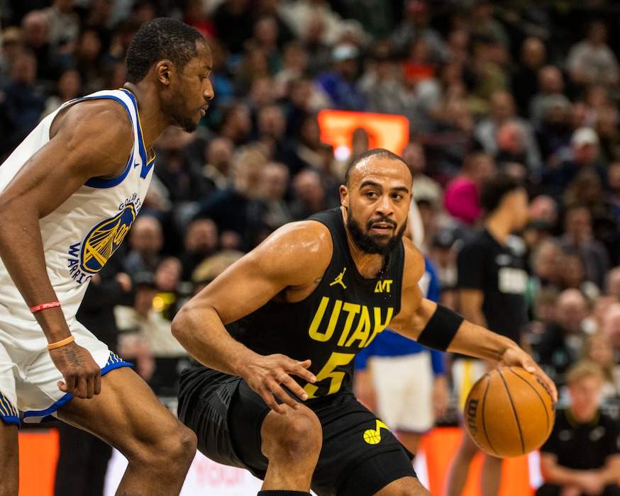 (Rick Egan | The Salt Lake Tribune) Utah Jazz guard Talen Horton-Tucker (5) tries to work the ball inside, in NBA action between the Golden State Warriors and the Utah Jazz at the Delta Center,  on Monday, Feb. 12, 2024.