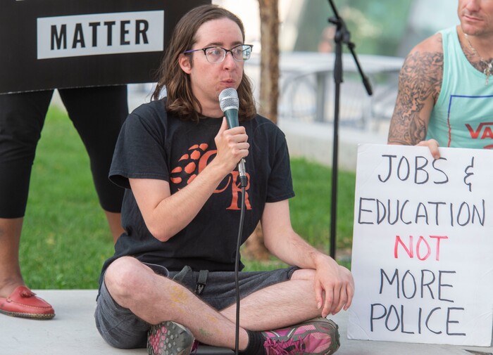 (Rick Egan  |  The Salt Lake Tribune)     CIvil Riot organizer Adair Kovac talks about his experience with the police at the Inland Port protest, during a rally sponsored by Utah Against Police Brutality, at the Salt Lake City Police Station, Tuesday, July 23, 2019.