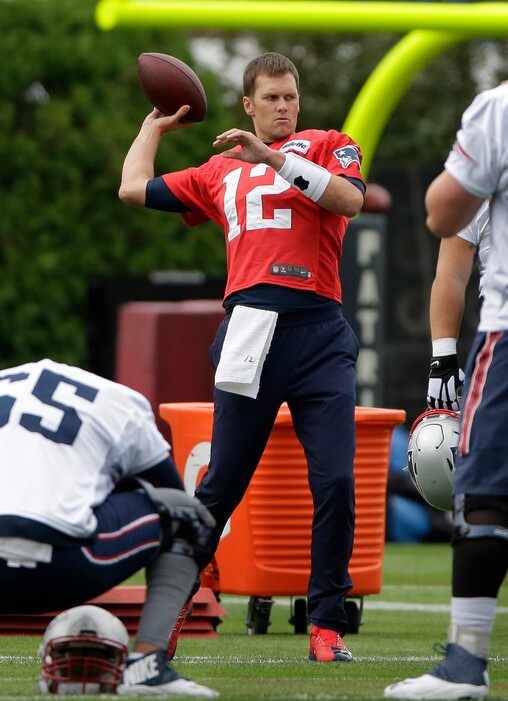 New England Patriots quarterback Tom Brady winds up to throw the ball during training camp, Thursday in Foxborough, Mass. (AP Photo/Steven Senne)