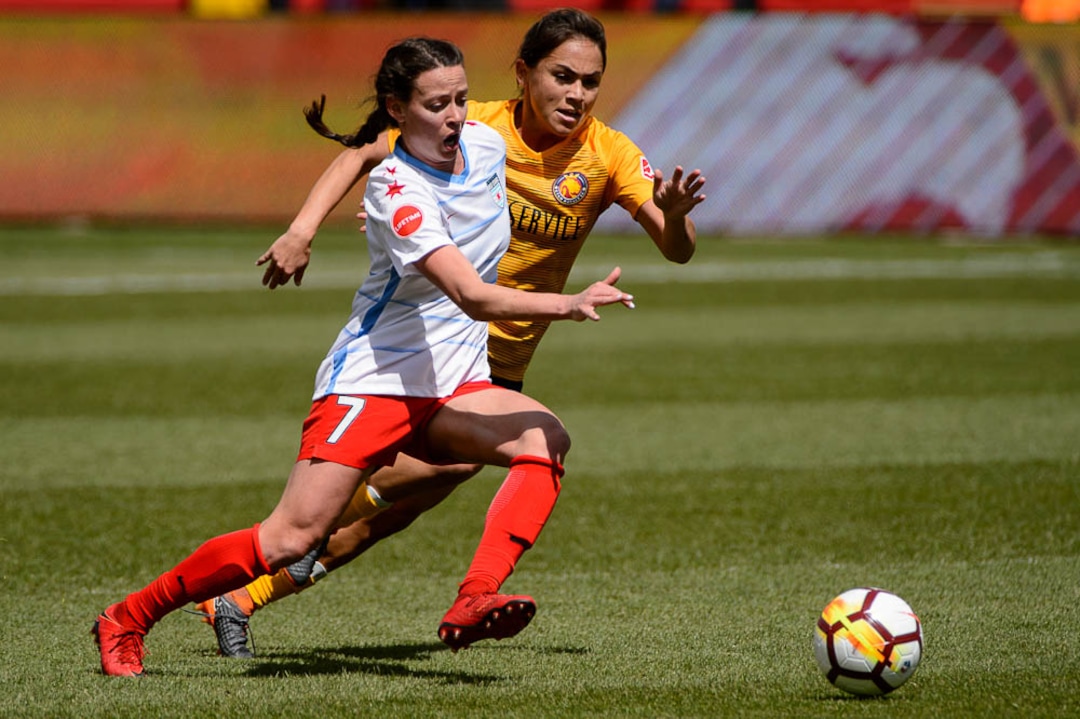 (Trent Nelson | The Salt Lake Tribune)  Utah Royals FC hosts the Chicago Red Stars, at Rio Tinto Stadium in Sandy, Saturday April 14, 2018. Chicago Red Stars midfielder Taylor Comeau (7) and Utah Royals FC midfielder Lo'eau LaBonta (9).