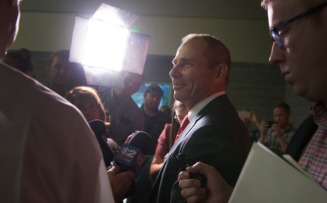 (Leah Hogsten  |  Tribune file photo)  Third District primary candidate Provo Mayor John Curtis fields questions from the media after The Salt Lake Tribune-Hinckley Institute of Politics debate, June 28, 2017 at the  Utah Valley Convention Center in Provo.
