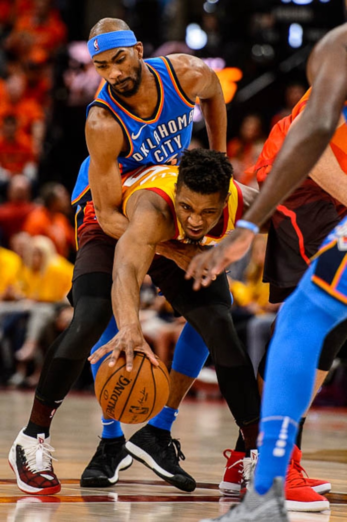 (Trent Nelson | The Salt Lake Tribune)  
Utah Jazz host the Oklahoma City Thunder, Game 3, NBA playoff basketball in Salt Lake City, Saturday April 21, 2018. Utah Jazz guard Donovan Mitchell (45) defended by Oklahoma City Thunder forward Corey Brewer (3).