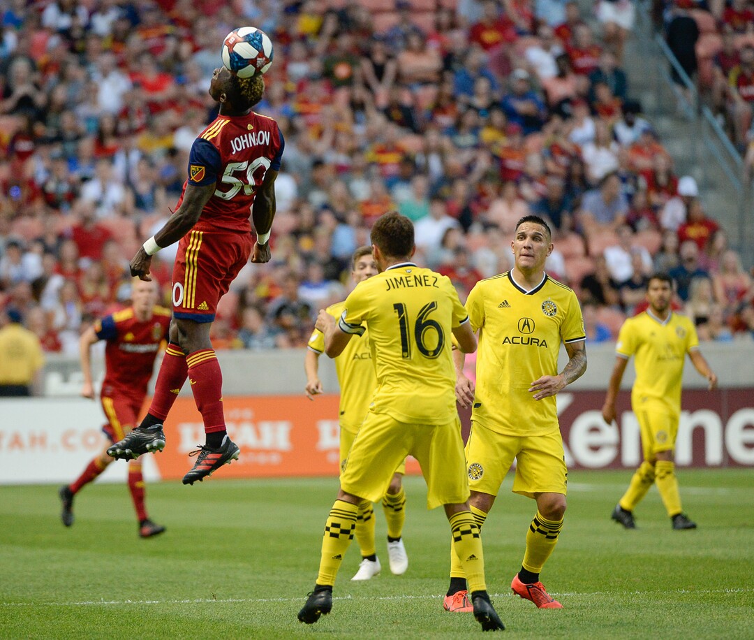 (Francisco Kjolseth  |  The Salt Lake Tribune)  Real Salt Lake forward Sam Johnson (50) heads the ball as Real Salt Lake hosts Columbus Crew SC, in MLS Soccer at Rio Tinto Stadium in Sandy, Utah on Wed, July 3, 2019.