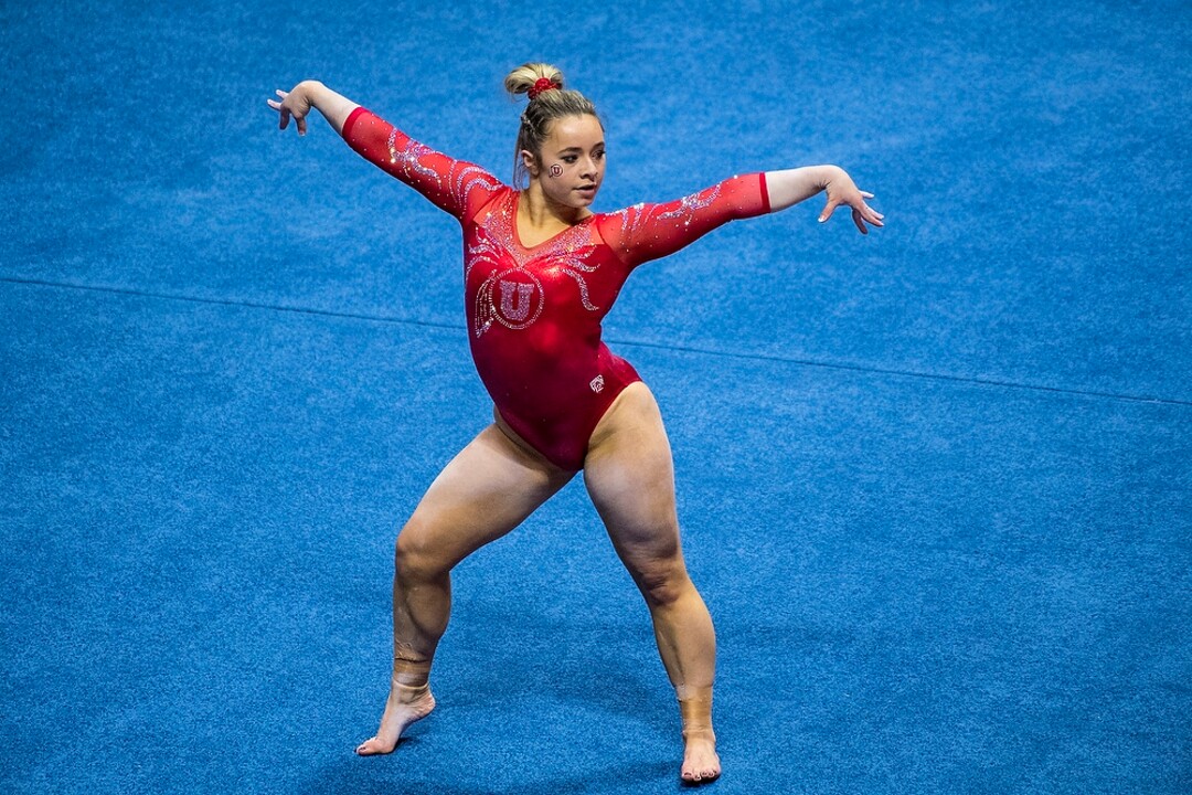(Chris Detrick  |  The Salt Lake Tribune)  Utah's Sydney Soloski competes on the floor during the gymnastics meet against Brigham Young University Friday, January 5, 2018.  
