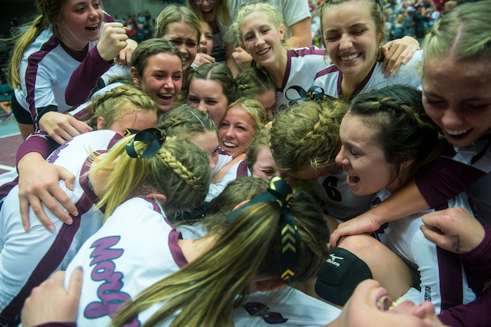 (Chris Detrick  |  The Salt Lake Tribune)  Members of the Morgan Trojans celebrate after winning the 3A volleyball state championships at the UCCU Center at Utah Valley University Thursday, October 26, 2017.  Morgan defeated North Sanpete 3-0.