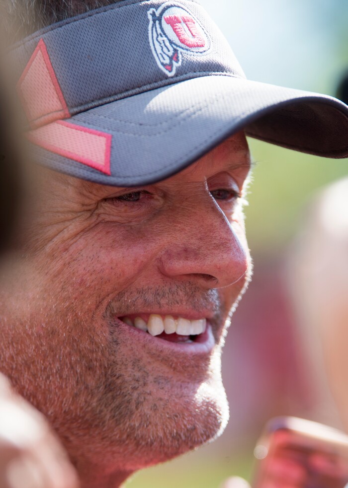 Rick Egan  |  The Salt Lake TribuneUniversity of Utah head coach Kyle Whittingham, talks to the media after football practice, Monday, July 31, 2017.