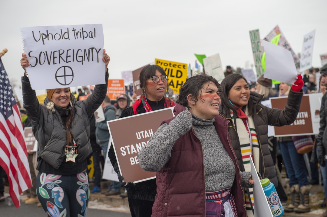 (Rachel Molenda  |  The Salt Lake Tribune)  Protesters gathered at the capitol building in Salt Lake City, Utah, on Monday, December 4, 2017, to protest President Donald Trump's plan to shrink Bears Ears and Grand Staircase-Escalante national monuments.