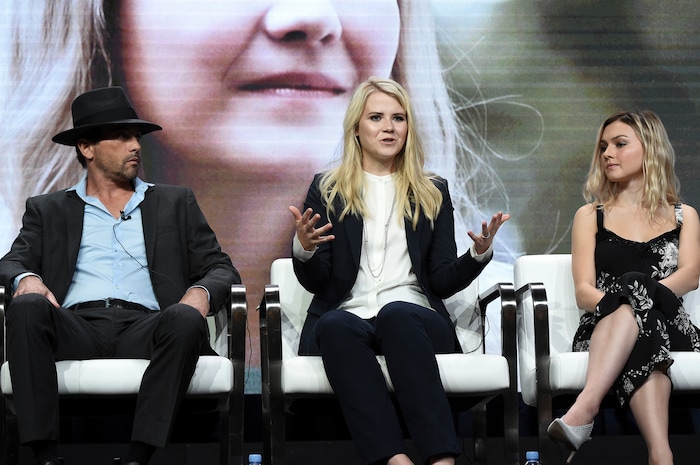 Skeet Ulrich, from left, Elizabeth Smart and Alana Boden attend the "I am Elizabeth Smart" panel during the A&E portion of the 2017 Summer TCA's at the Beverly Hilton Hotel on Friday, July 28, 2017, in Beverly Hills, Calif. (Photo by Richard Shotwell/Invision/AP)