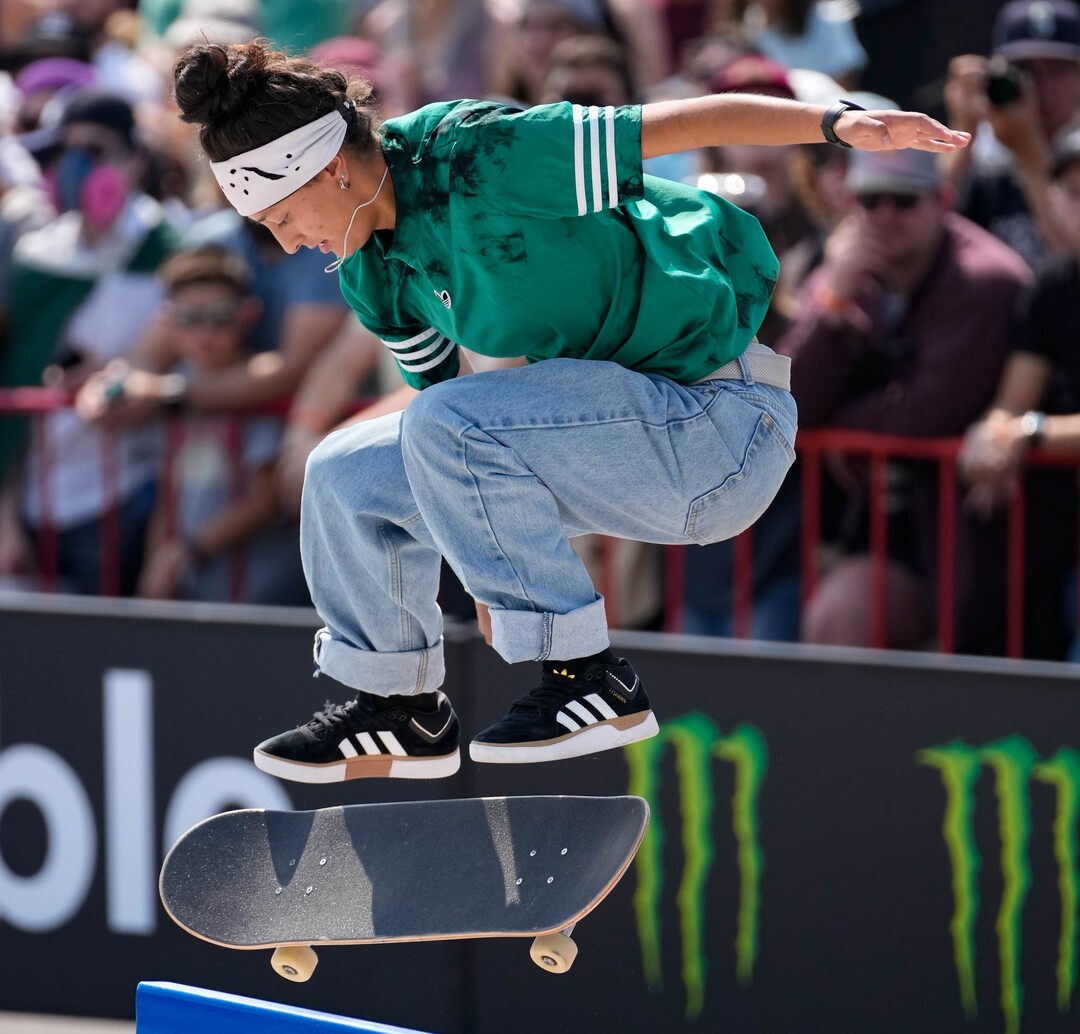 (Francisco Kjolseth | The Salt Lake Tribune) Mariah Duran of the United States drops in as she competes in Street League Skateboarding Championship Tour at the Utah State Fairpark in Salt Lake City on Saturday, Aug. 28, 2021.