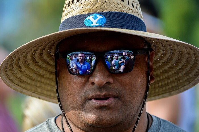 (Francisco Kjolseth  |  The Salt Lake Tribune)  BYU football coach Kalani Sitake expresses a sense of urgency following last years struggles as he speaks with the media following the start of preseason training camp on their practice field on Thursday, Aug. 2, 2018.