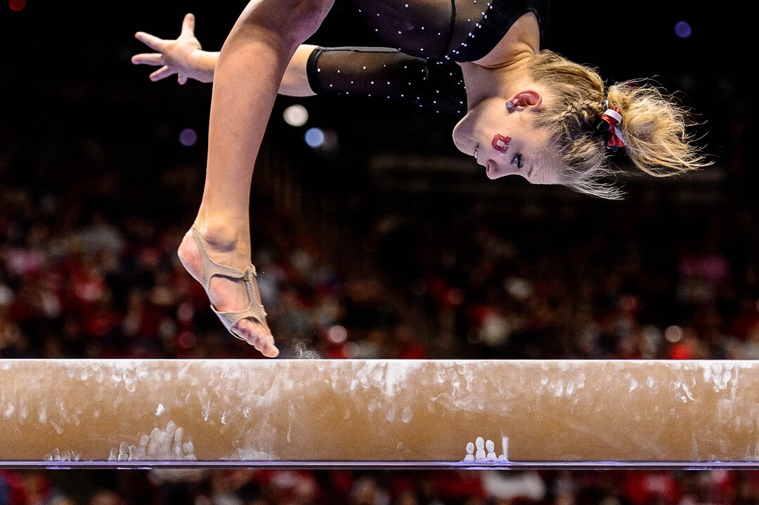 Trent Nelson  |  The Salt Lake TribuneUtah's MaKenna Merrell on the beam as the University of Utah hosts Cal, NCAA Gymnastics at the Huntsman Center, Saturday February 4, 2017.