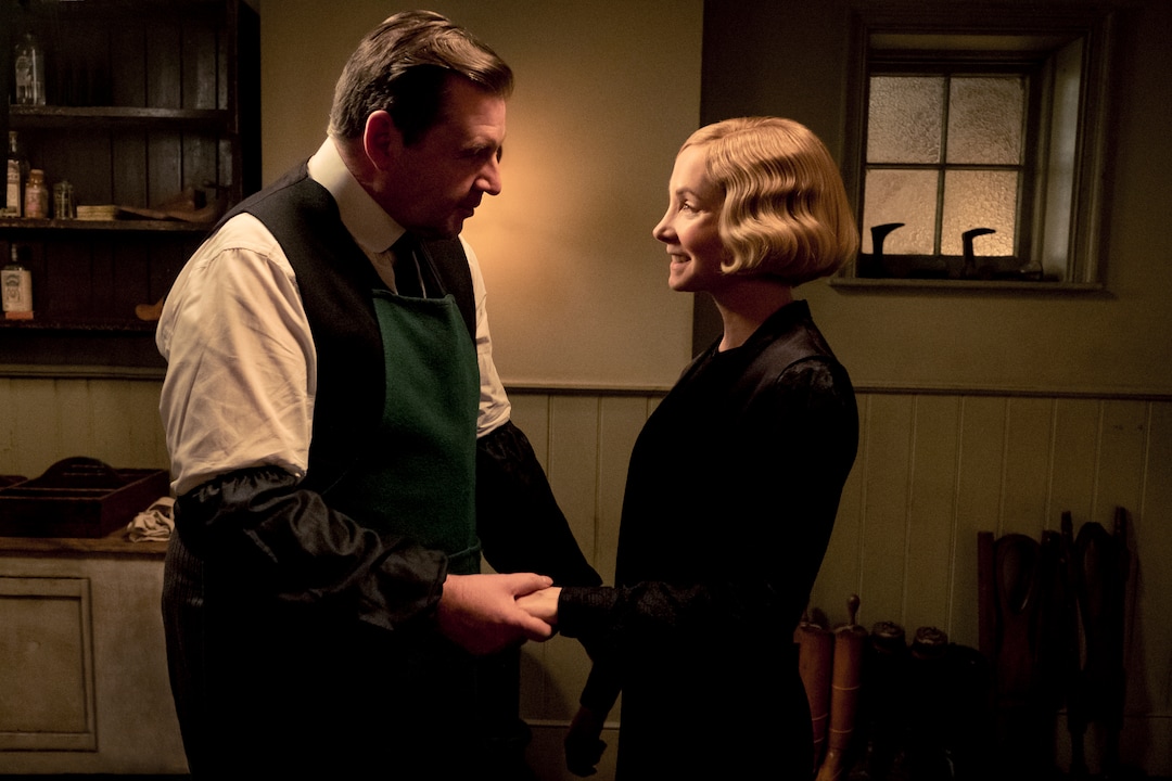 This image released by Focus Features shows  Brendan Coyle as John Bates, left, and Joanne Froggatt as Anna Bates stars as Andy in "Downton Abbey". The film will be released Sept. 13, 2019, in the United Kingdom and on Sept. 20 in the United States. (Jaap Buitendijk/Focus Features via AP)