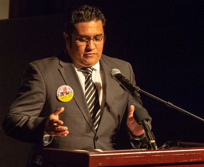 (Rick Egan  |  The Salt Lake Tribune)      Nate Salazar, Salt Lake School District Board of Education, speaks at the memorial service for Robert "Archie" Archuleta, at the Rose Wagner Theatre, Saturday, March 2, 2019.


