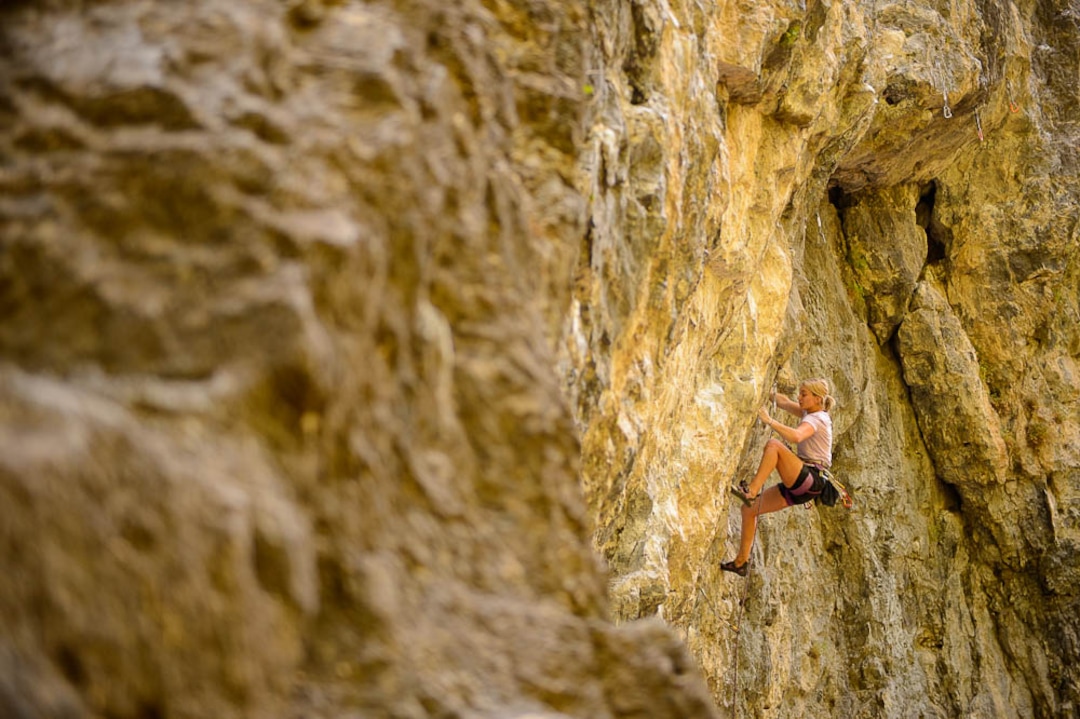 (Trent Nelson | The Salt Lake Tribune)  
Victoria Brunner rock climbing in American Fork Canyon, Tuesday July 17, 2018.