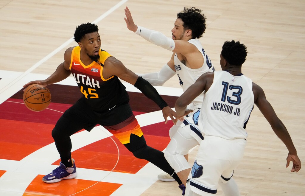 (Francisco Kjolseth | The Salt Lake Tribune) Memphis Grizzlies forward Dillon Brooks (24) and Memphis Grizzlies forward Jaren Jackson Jr. (13) try to double up on Utah Jazz guard Donovan Mitchell (45) in the second half of Game 5 of an NBA basketball first-round playoff series Wednesday, June 2, 2021, in Salt Lake City, UT.
