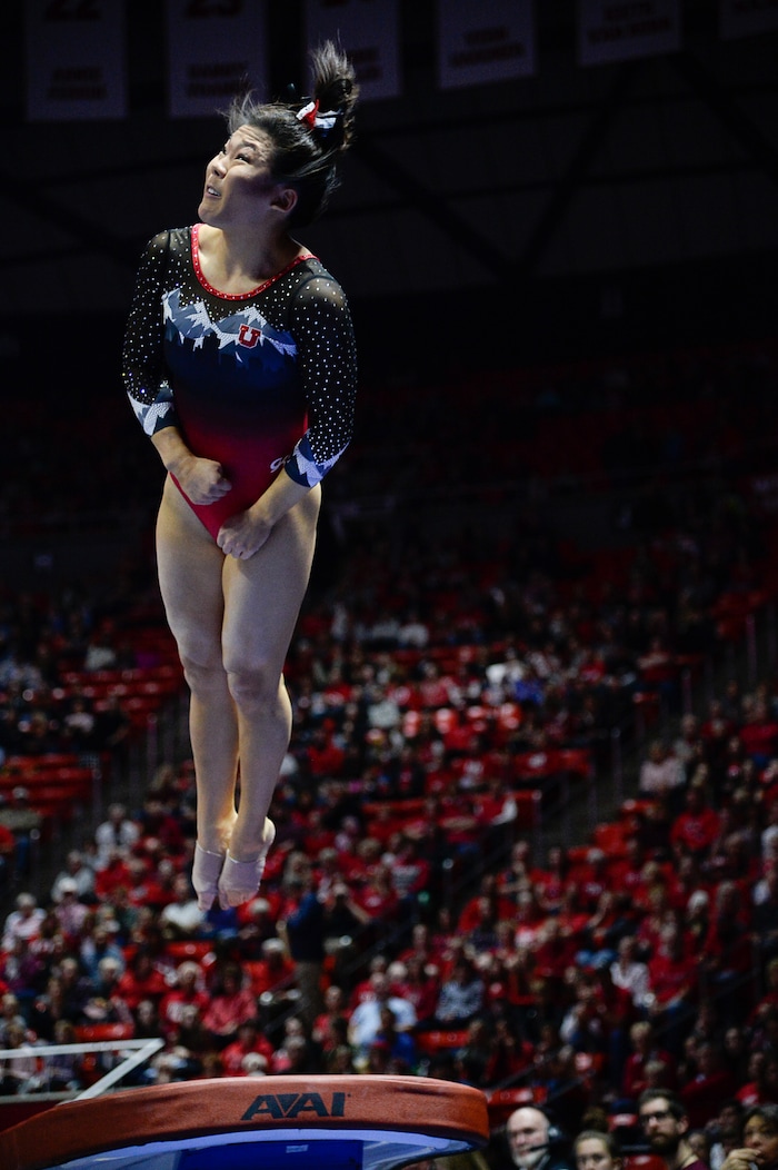 (Francisco Kjolseth  |  The Salt Lake Tribune)  Cristal Isa launches into the air for the vault as Utah hosts Penn State in their season opener at the Huntsman Center in Salt Lake City on Saturday, Jan. 5, 2019.
