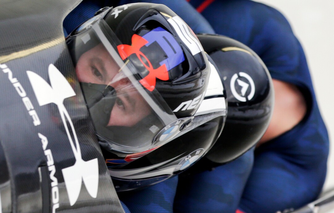 Driver Steven Holcomb with Frank Delduca, Carlo Valdes and brakeman Samuel McGuffie compete in the four-man bobsled World Cup race on Saturday, Jan. 9, 2016, in Lake Placid, N.Y. (AP Photo/Mike Groll)