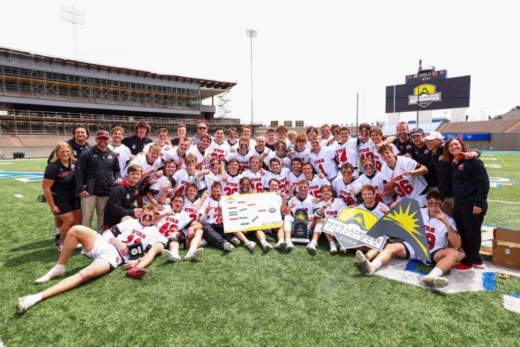 Courtesy of Utah Athletics
The University of Utah lacrosse team celebrates after winning the ASUN championship with a 16-13 victory over Jacksonville on Sunday, May 5, 2024, in Air Force Academy, Colo.