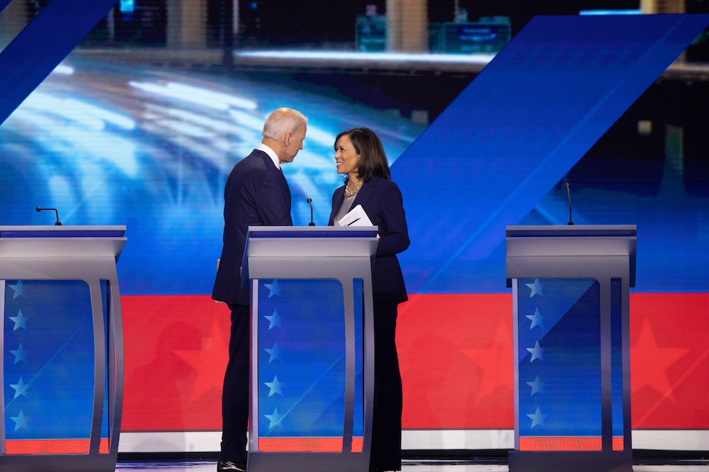 (Ruth Fremson | The New York Times) Joe Biden and Kamala Harris talk after the Democratic presidential debate in Houston, Sept. 12, 2019. Biden named Kamala Harris as his running mate on Tuesday, making history by selecting the first Black woman to compete on a major party’s presidential ticket.