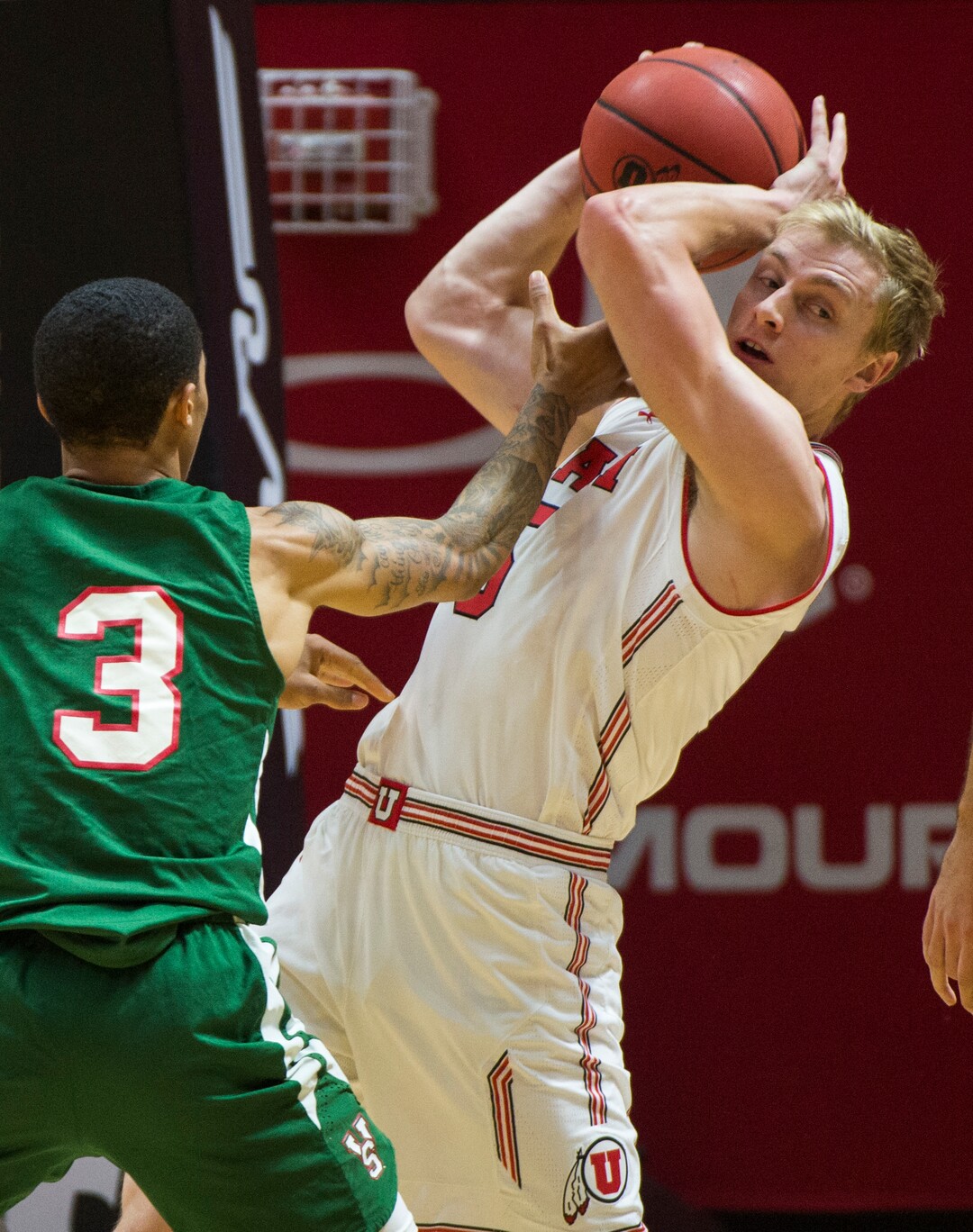 (Rick Egan  |  The Salt Lake Tribune)    Utah Utes guard Parker Van Dyke (5) grabs a reboud as Mississippi Valley State Delta Devils guard Jordan Evans (3) defends, in basketball action between Utah Utes and Mississippi Valley State Delta Devils at the Jon M. Huntsman Center, Thursday, Nov. 15, 2018.