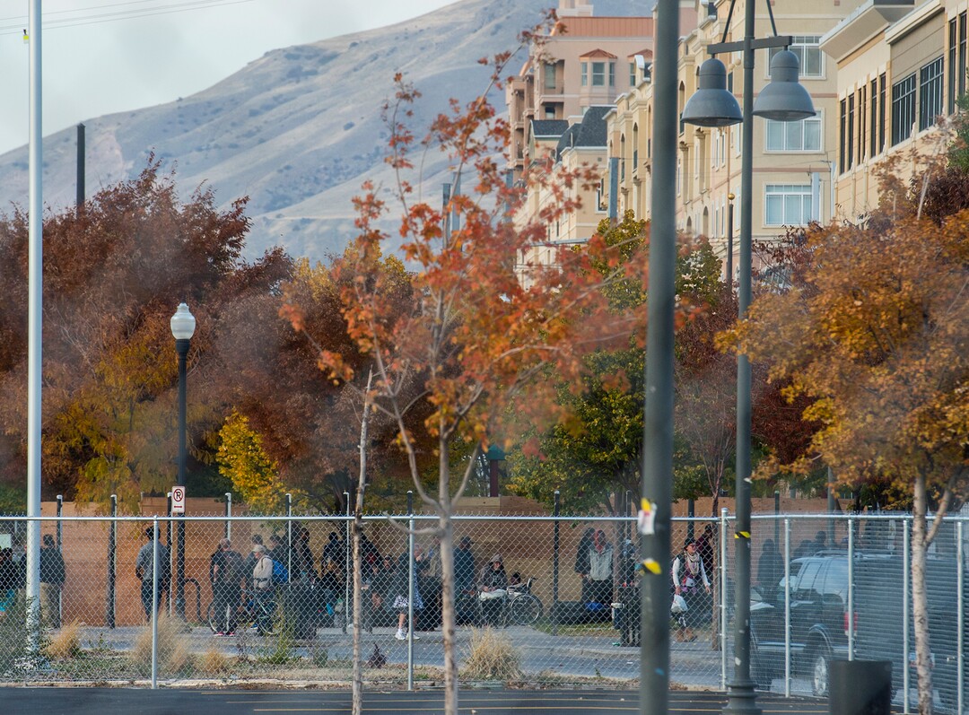 (Chris Detrick  |  The Salt Lake Tribune)  People along 500 West near the Road Home in Salt Lake City Tuesday, October 17, 2017. 