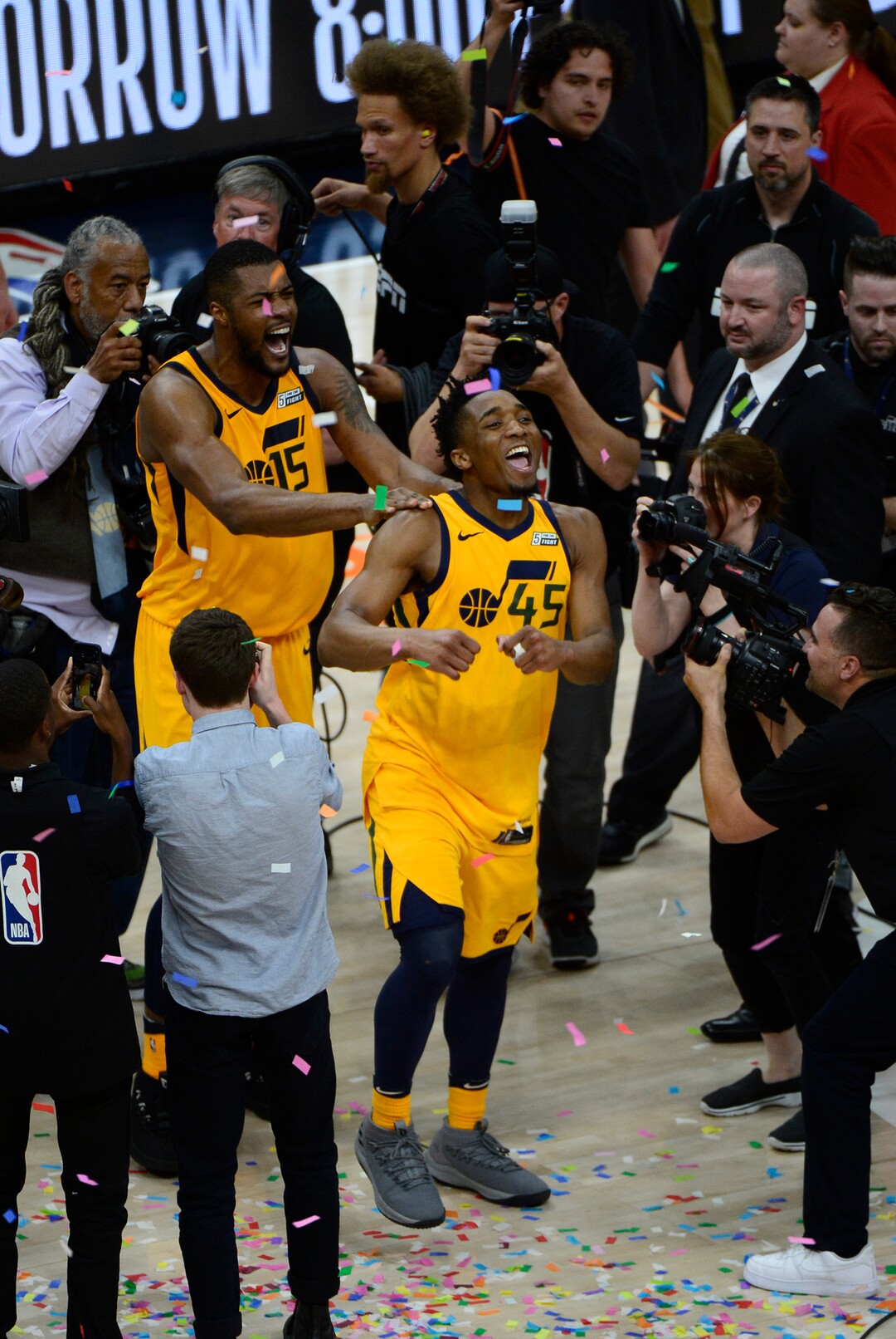 (Scott Sommerdorf | The Salt Lake Tribune)Utah Jazz guard Donovan Mitchell (45) and Utah Jazz forward Derrick Favors (15) celebrate the win over the Thunder. The Utah Jazz defeated the Oklahoma City Thunder 96-91 to win the first round playoff series, Friday, April 27, 2018.