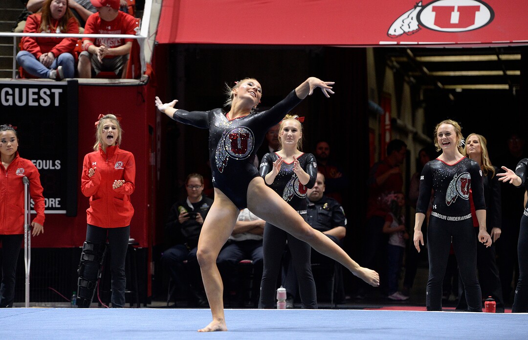 Scott Sommerdorf | The Salt Lake TribuneUtah's MyKayla Skinner during her perfect floor routine scoring a 10.00. Utah outscored Stanford 197.500 to 196.275, Friday, March 3, 2017. 