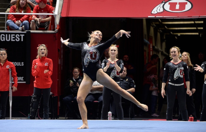 Scott Sommerdorf | The Salt Lake Tribune
Utah's MyKayla Skinner during her perfect floor routine scoring a 10.00. Utah outscored Stanford 197.500 to 196.275, Friday, March 3, 2017. 