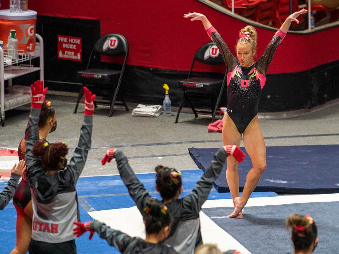 (Rick Egan | The Salt Lake Tribune) Abby Paulson looks to her team mates as she competes on the floor for Utah, in PAC-12 gymnastics action Utah vs Arizona, at the Huntsman Center onSaturday, Jan. 23, 2021.