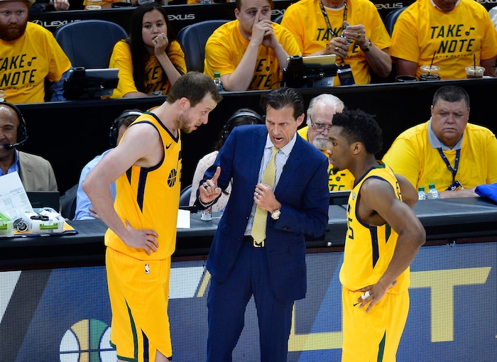 (Scott Sommerdorf | The Salt Lake Tribune)
Utah Jazz head coach Quin Snyder talks with Utah Jazz forward Joe Ingles (2) and Utah Jazz guard Donovan Mitchell (45) during first half play. The Rockets led the Jazz 58-48 at the half, Sunday, May 6, 2018.