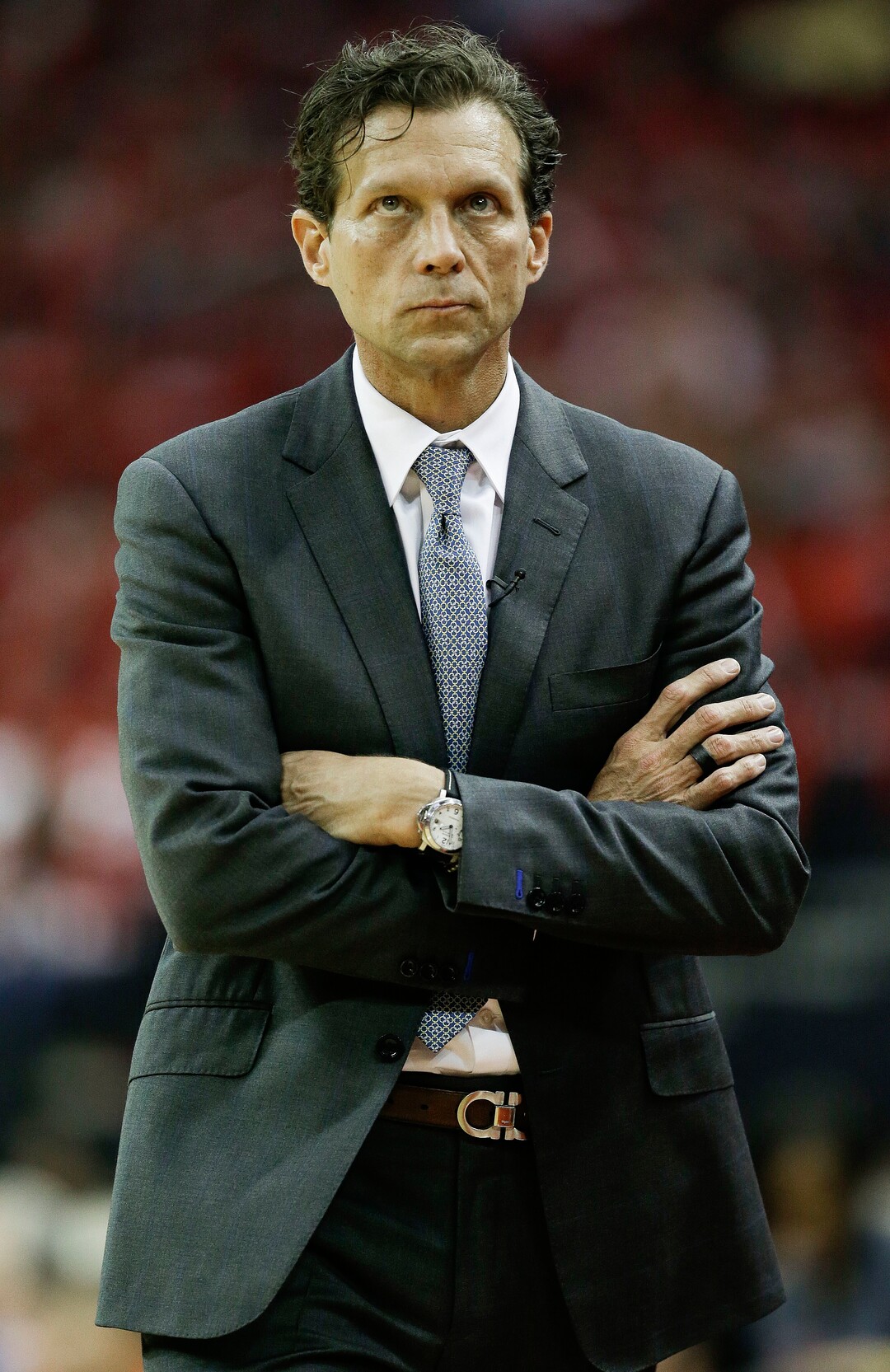 Utah Jazz head coach Quin Snyder walks the sidelines during the first half in Game 1 of an NBA basketball second-round playoff series against the Houston Rockets, Sunday, April 29, 2018, in Houston. (AP Photo/Eric Christian Smith)