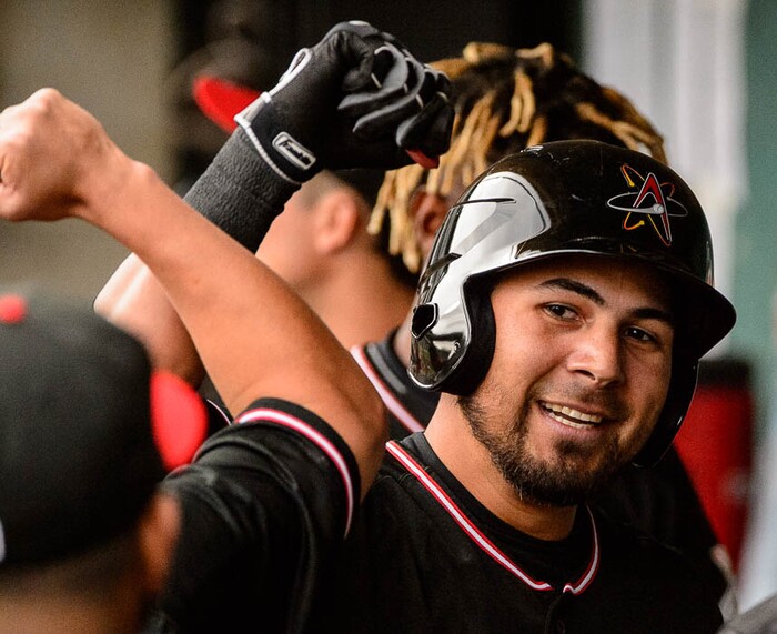 (Trent Nelson | The Salt Lake Tribune)  Salt Lake Bees vs. Albuquerque Isotopes, Triple-A baseball in Salt Lake City, Thursday April 5, 2018. Albuquerque's Anthony Bemboom (2) celebrates a home run in the first inning.