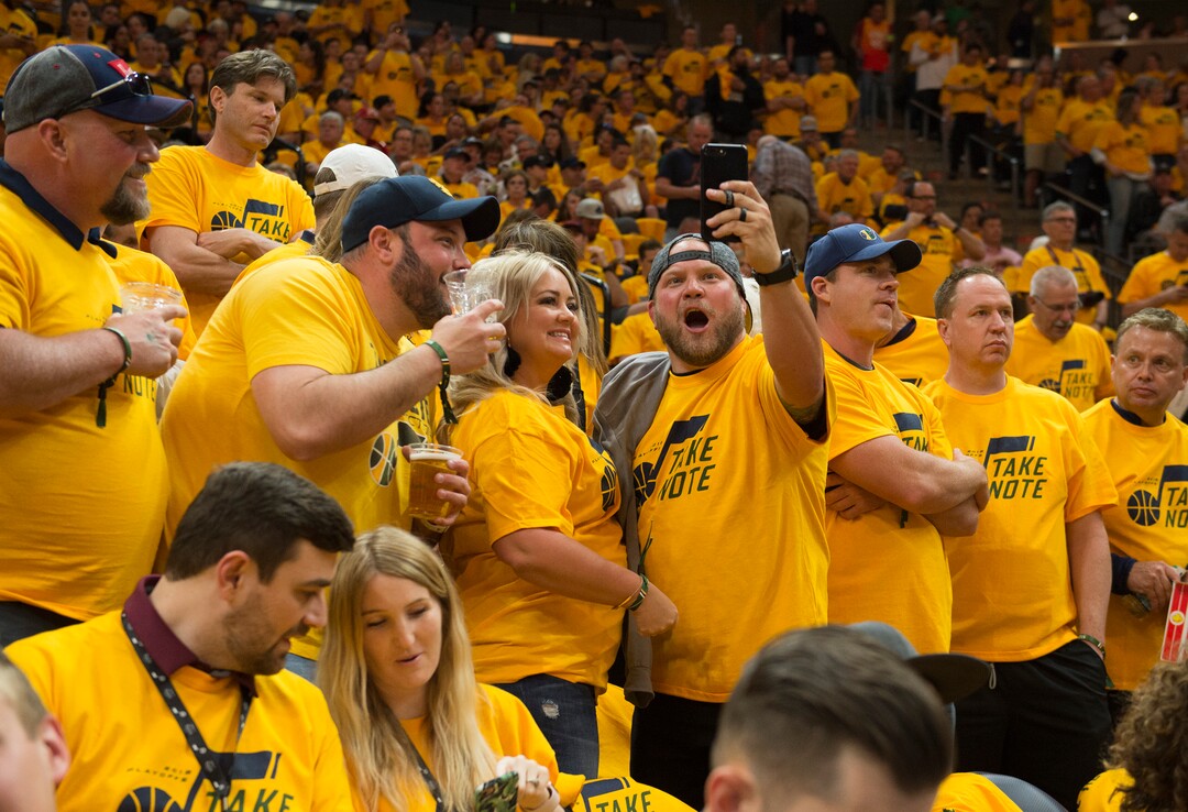 (Scott Sommerdorf | The Salt Lake Tribune)Enthusiastic Jazz fans make a photo prior to Game 6.The Thunder led the Jazz 22-18 at the end of the 1st quarter during Game 6 of the first round playoff game, Friday, April 27, 2018.