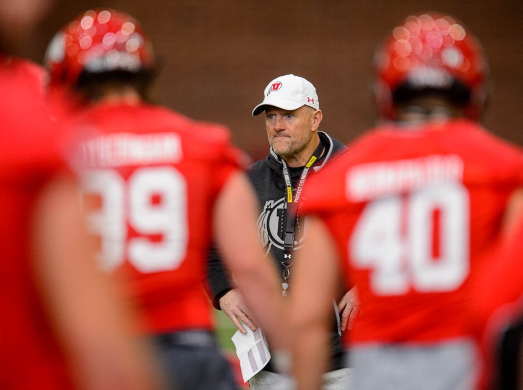 (Trent Nelson | The Salt Lake Tribune)  University of Utah coach Kyle Whittingham at the first day of spring football practice in Salt Lake City on Monday March 4, 2019.