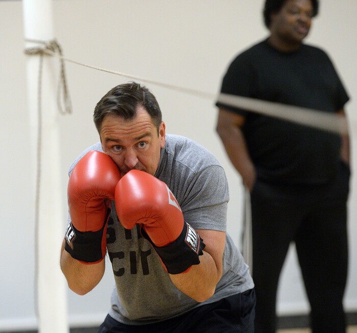 (Al Hartmann | The Salt Lake Tribune)
House Speaker Greg Hughes works on his boxing form in the mirror during a workout at the Flash Academy gym in Holladay Tuesday August 29. He's among a handful of local politicians, police and lobbyists who will box in a series of charity matches to benefit a national group that works to end domestic violence.