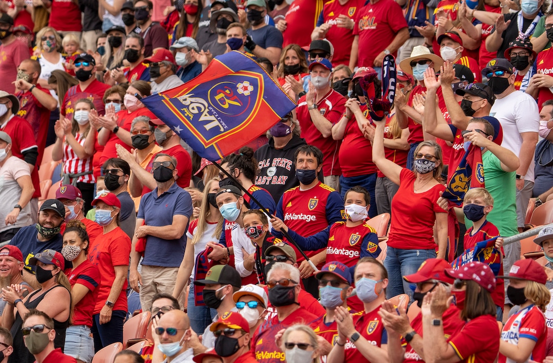 (Rick Egan | The Salt Lake Tribune) Real Salt Lake fans celebrate a goal by Real Salt Lake forward Rubio Rubin (14), in MLS action between Real Salt Lake and Sporting Kansas City at Rio Tinto Stadium, on Saturday, May 1, 2021.