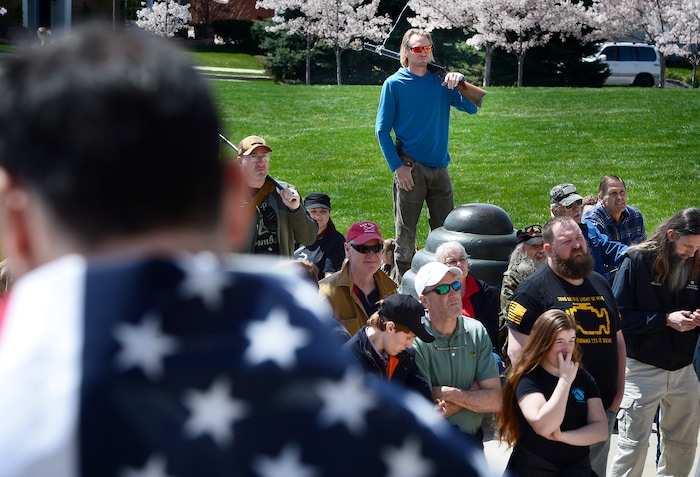(Scott Sommerdorf | The Salt Lake Tribune)
A group calling themselves Citizens and Students For Liberty (SFL) gathered at the Utah State Capitol on Saturday to show their support for the Second Amendment, Saturday, April 14, 2018.