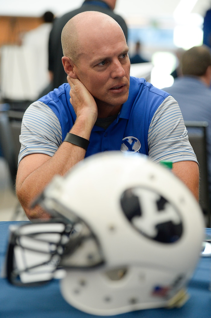 (Francisco Kjolseth  |  The Salt Lake Tribune)  Assistant head coach Ed Lamb makes the interview rounds as BYU hosts their eighth-annual football media day at the BYU-Broadcasting Building on Friday, June 22, 2018.