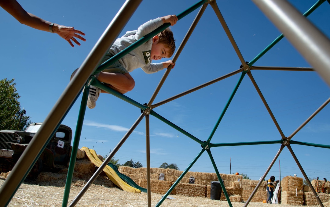 (Francisco Kjolseth  |  The Salt Lake Tribune) Gabriel Melis, 3, braves the attractions at Wheeler Farm's annual Pumpkin Days celebration, as people enjoy the "Family-Friendly Not-so-Scary Halloween,” with a hay maze, pumpkin patch, children's train and games on Saturday, Oct. 10, 2020.