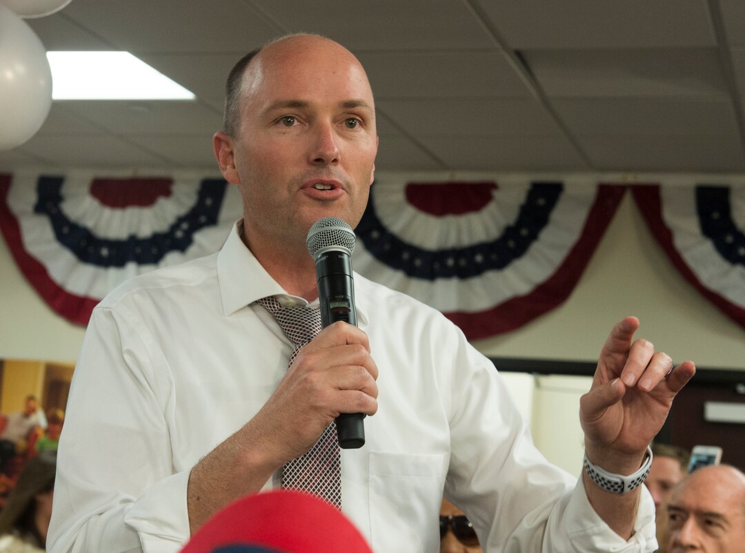 (Rick Egan  |  The Salt Lake Tribune)   Lt. Gov. Spencer Cox gives a speech at the Romney headquarters in Orem, on election night, Tuesday, Nov. 6, 2018.