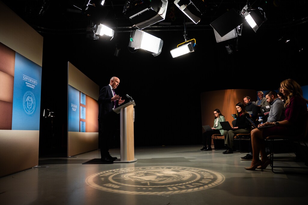 (Tess Crowley | Pool) Gov. Spencer Cox responds to a reporter’s question during the PBS Utah Governor’s Monthly News Conference held at the Eccles Broadcast Center  in Salt Lake City on Tuesday, Nov. 25, 2025.