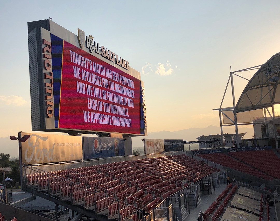(Rick Egan  |  The Salt Lake Tribune)     THe stadium is empty minutes before the match was supposed to start as the game between Real Salt Lake and LAFC was postponed after teams in sports leagues across the country boycotted scheduled games to protest the police shooting of Jacob Blake, RSL and LAFC followed suit, along with the rest of MLS, on Wednesday, Aug. 26, 2020.