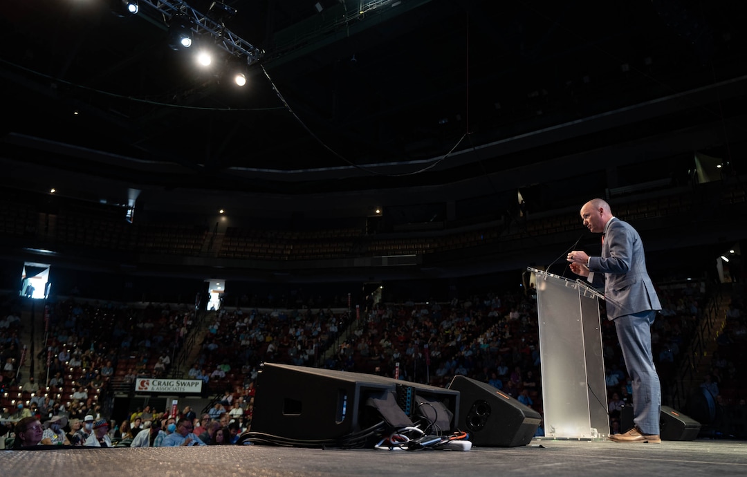 (Francisco Kjolseth | The Salt Lake Tribune) Gov. Spencer Cox addresses delegates attending the Utah Republican Party’s 2021 Organizing Convention at the Maverik Center in West Valley City on Saturday, May 1, 2021, as they return to an in-person format after the pandemic forced the nominating convention to go online last year.