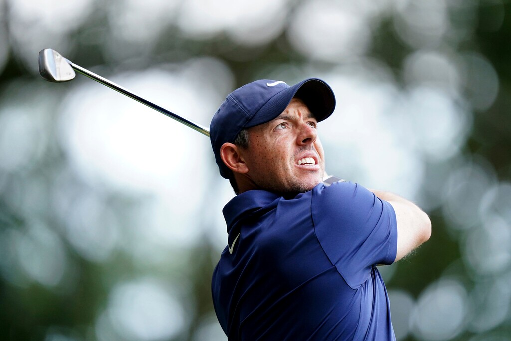 Rory McIlroy of Northern Ireland on the 2nd during day two of the 2023 PGA Championship at Wentworth Golf Club in Virginia Water, Surrey, England Friday Sept. 15, 2023. (Zac Goodwin/PA via AP)
