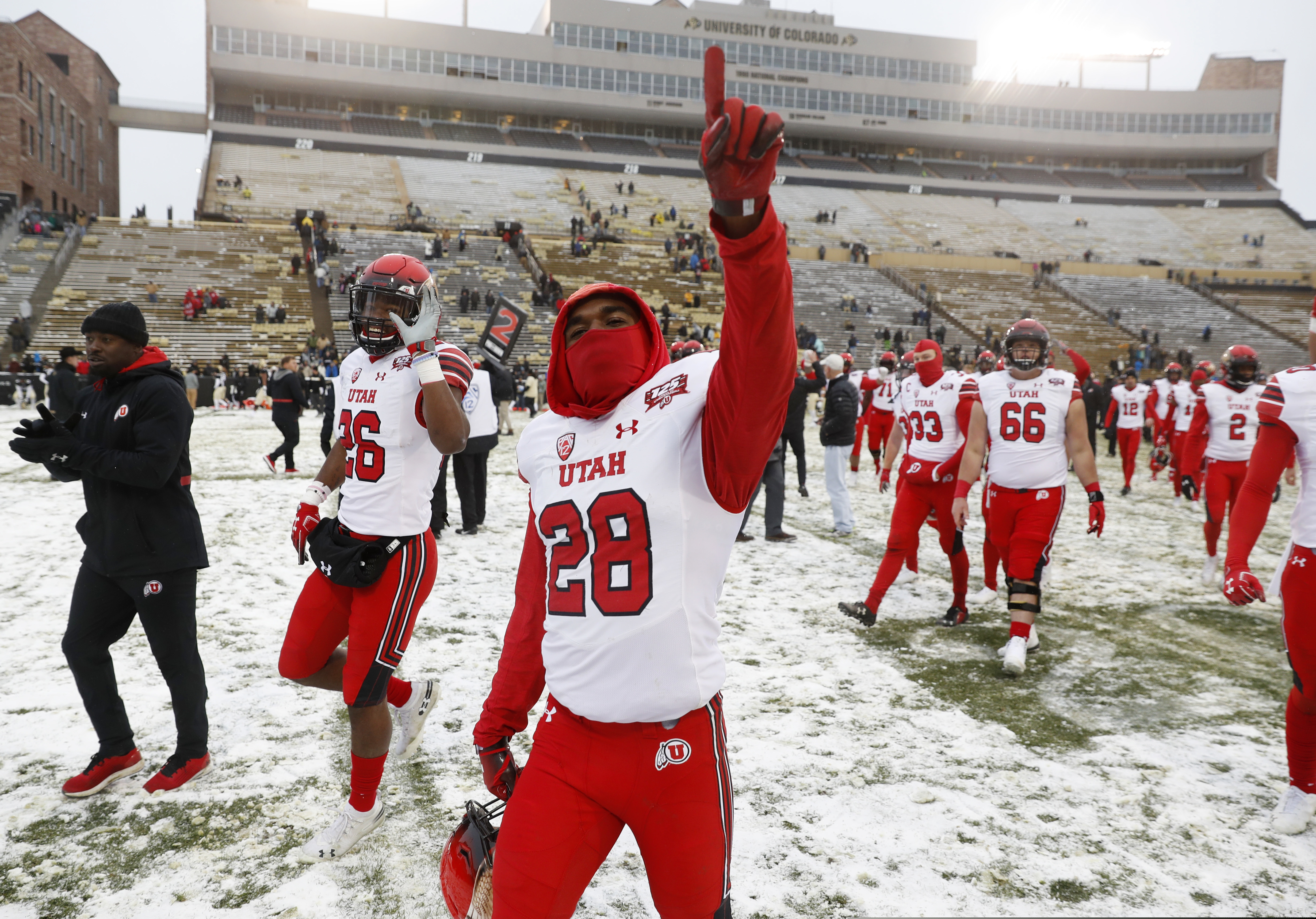 Utah defensive back Javelin K. Guidry gestures to fans after an NCAA college football game against Colorado, Saturday, Nov. 17, 2018, in Boulder, Colo. Utah won 30-7. (AP Photo/David Zalubowski)